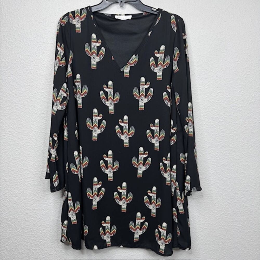 Paris to Tina Black Cactus Flowy Peasant Mini Dress Bell Sleeve Medium Boho USA